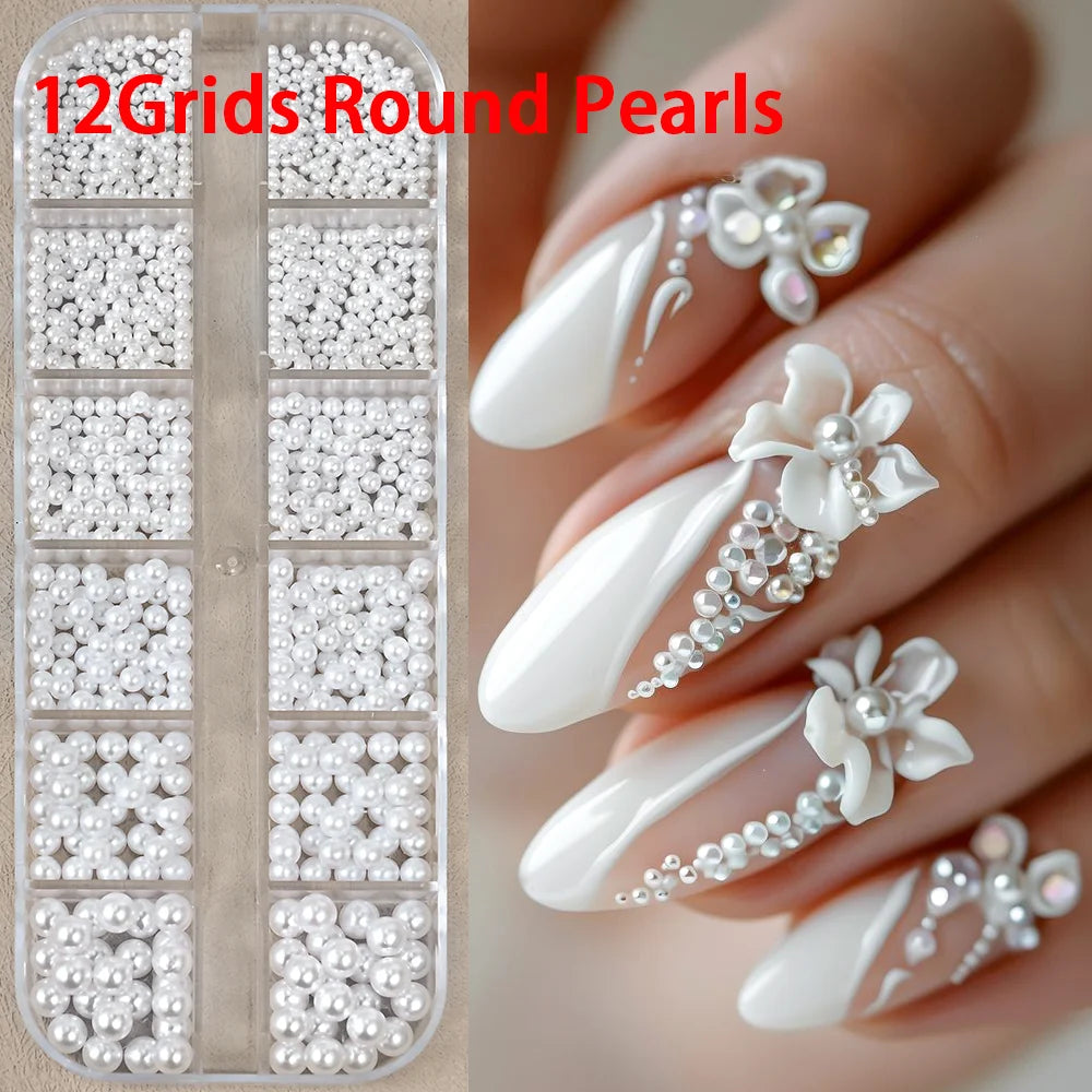 12Grids 3D White Round/Semicircle Pearls Nail Art Charms 0.15-0.5cm Faltback Pearl Caviar Bead Rhinestone DIY Manicure Accessory