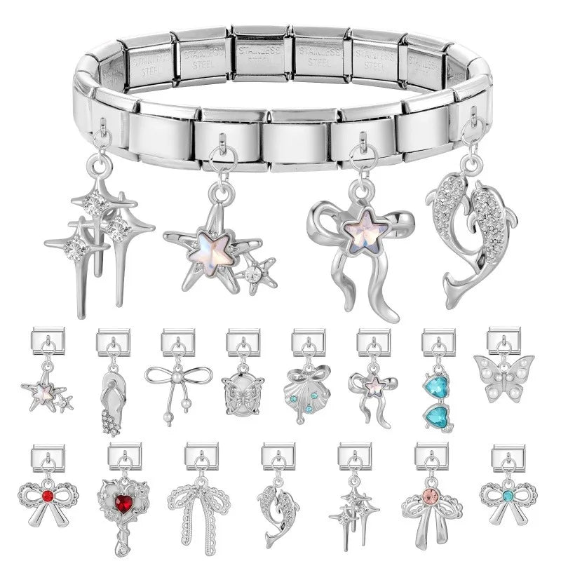 Wholesale Colorful Shiny Zircon Heart Bows Pendant Italian Charm Links Fit 9mm Stainless Steel Bracelet Women Jewelry DIY Making