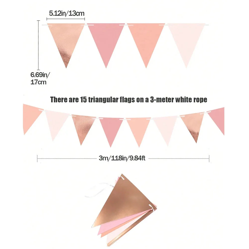 Rose Gold Triangle Paper Pennant Garland, Wedding, Birthday, Anniversary, Bridal Shower, Indoor & Outdoor Garden Party Decor