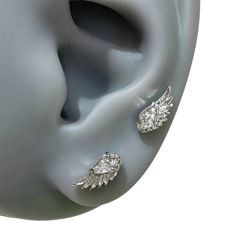 Luxury Zircon Wing Earrings Stud Fashion Women Shiny Crystal Creative Angel Wings Cross Punk Silver Color Ear Studs Jewelry Gift