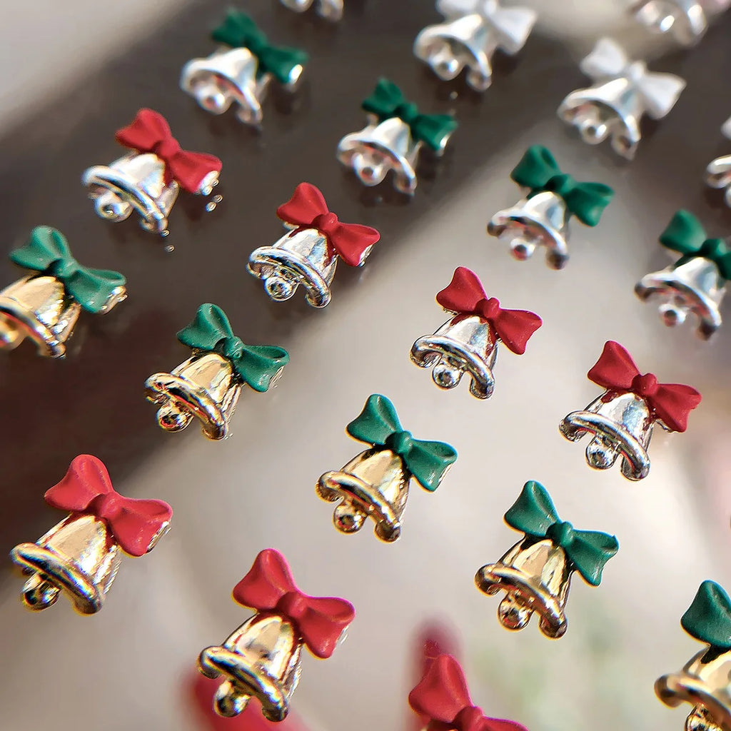 10pc 3D Christmas Bell Nail Art Charms Accessory Bow Gold and Silver Alloy Exquisite Bell Luxury Nails Decorations Supplies DIY