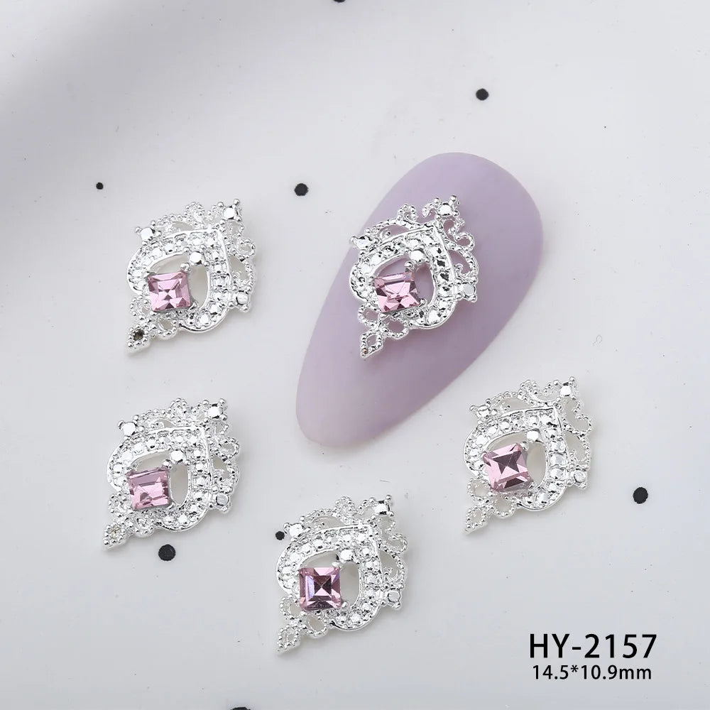 10Pcs Pink Alloy Collection Nail Art Charm 3D Shiny Diamond Crystal Gem Sliver Metal Nail Ornament DIY Exquisite Nail Decoration