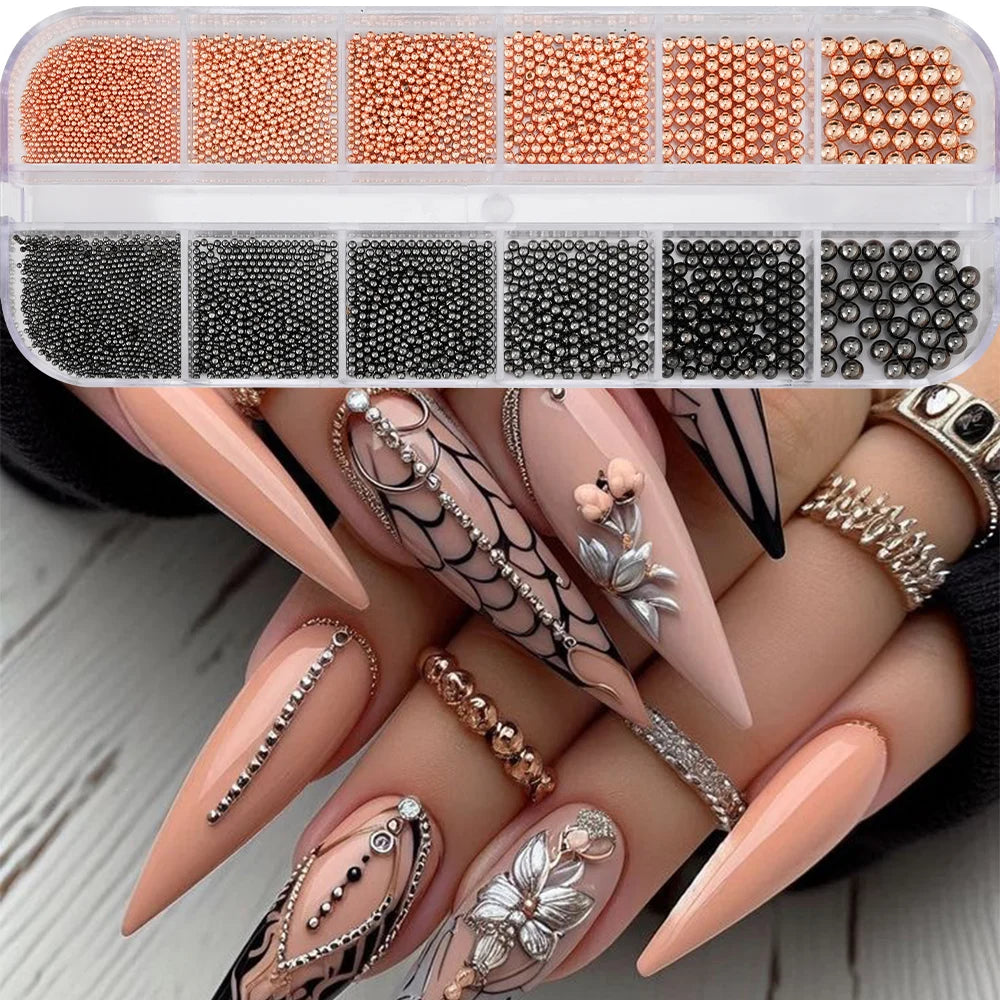 12Grids Gold/Silver Steel Beads Nail Art Charms Christmas Mixed-Size Caviar Bead With 1 Magnetic Pen Manicure Decor Rhinestones