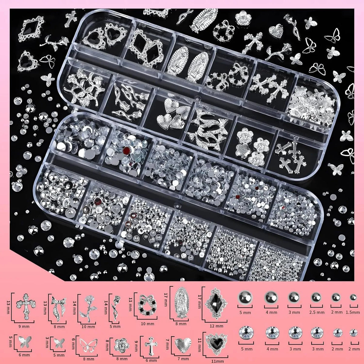 4 Box Nail Rhinestones Set, Silver Color Nail Jewelry, 3D Cross Heart Flat Backs, DIY Nail Art Accessories, Resin & Metal Charms
