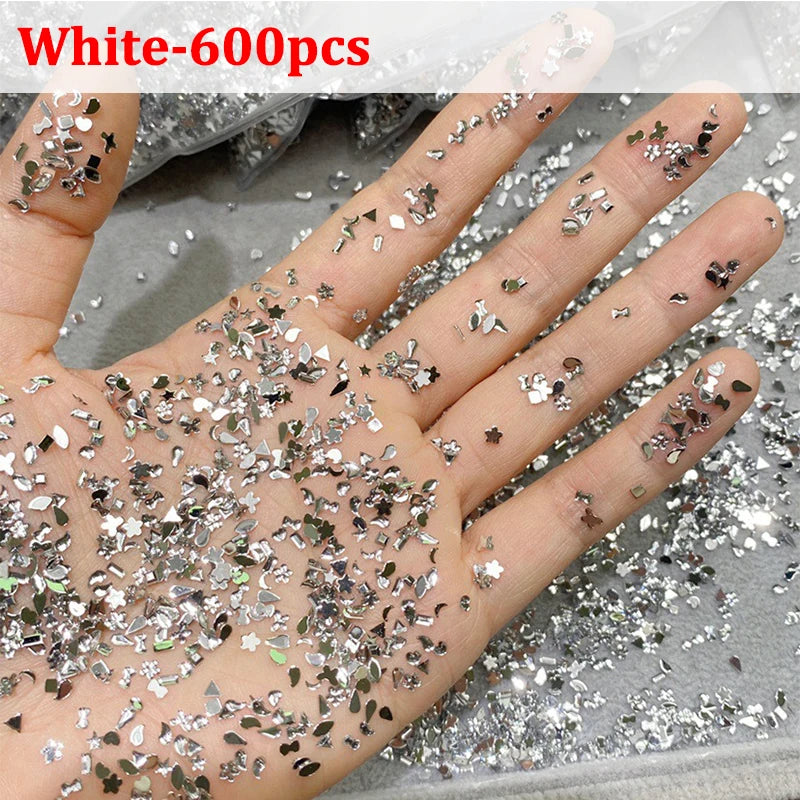 600/100pcs Mixed Shape Nail Rhinestones Mini Flat Back Crystal Stones 3D Nail Art Accessories DIY Design Manicure Decoration