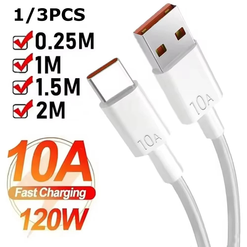 1/3Pc 120W 10A USB to Type C Fast Charging Cable USB C Quick Charge Wire High Speed Transfer Data Cord for Huawei Samsung Xiaomi