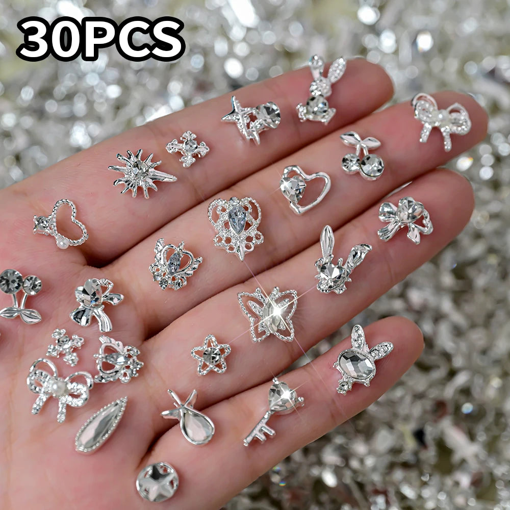 30pcs Mixed Set Golden Alloy Rabbit Nail Decoration Five-Pointed Star Heart Pink Diamond Nail Charms Metal Bow Nail Rhinestones