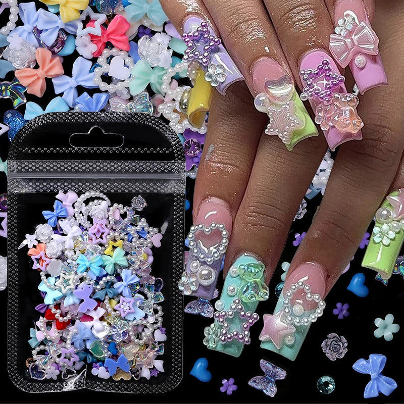 50Pcs Pearl Pink Bowknot Heart Shaped Mixed Nail Decorations Kawaii Nail Art Charms Star Butterfly DIY Nail Accessories
