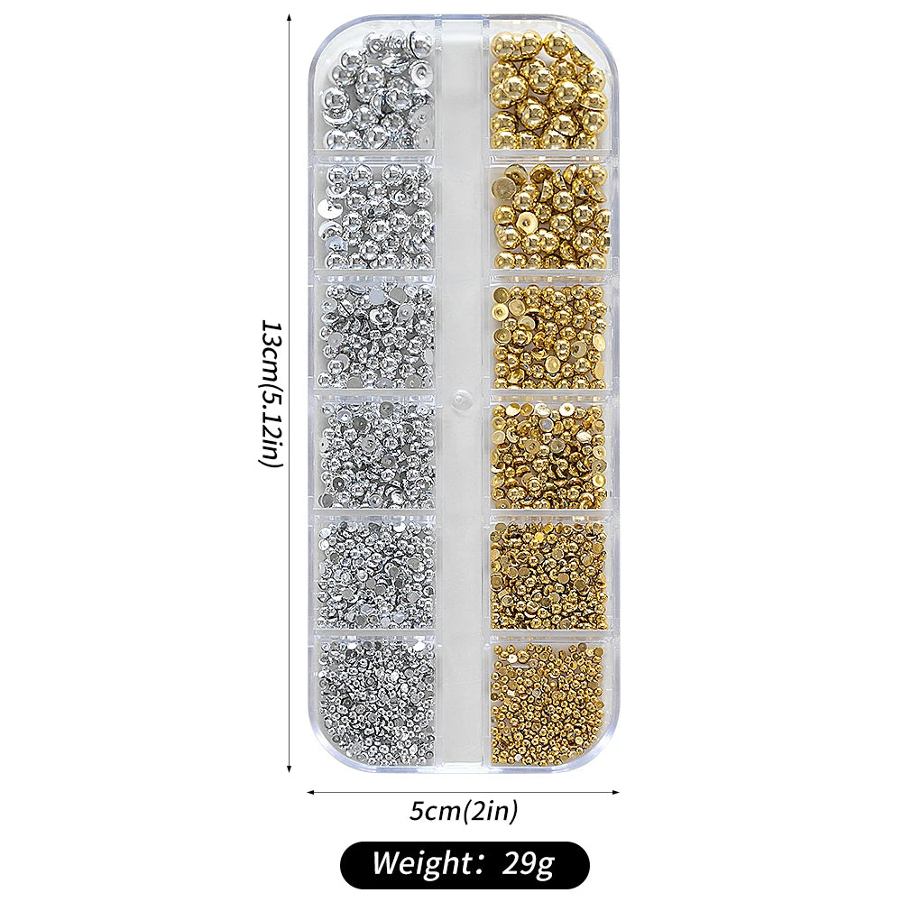 12Grids Gold/Sliver Half Round Beads Nail Art Charms 6-Sizes Flatback Caviar Bead Christmas Diamond DIY Sparkly Manicure Gems #*