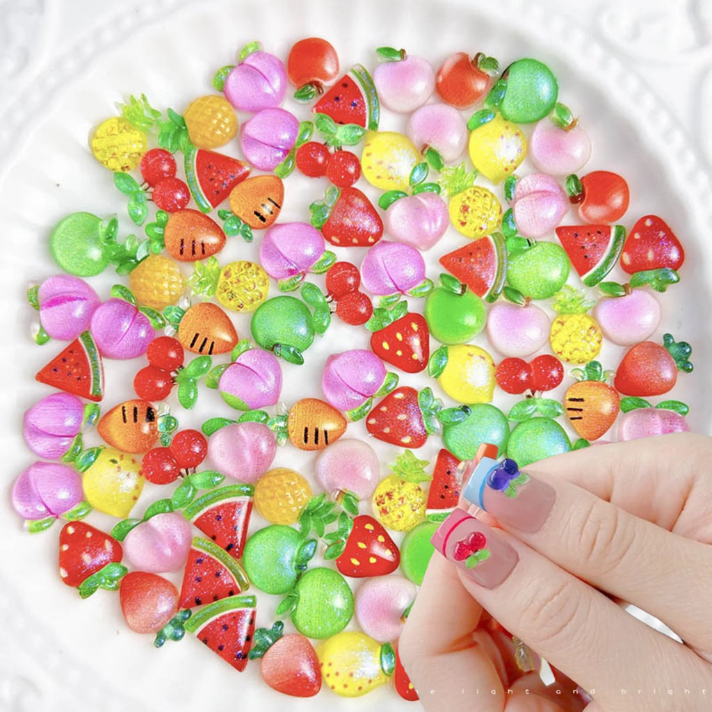 50Pcs Mix Resin Summer Fruit Nail Art Charms Cute 3D Cherry Strawberry Watermelon Peach Decoration DIY Crafts Nails Accessories