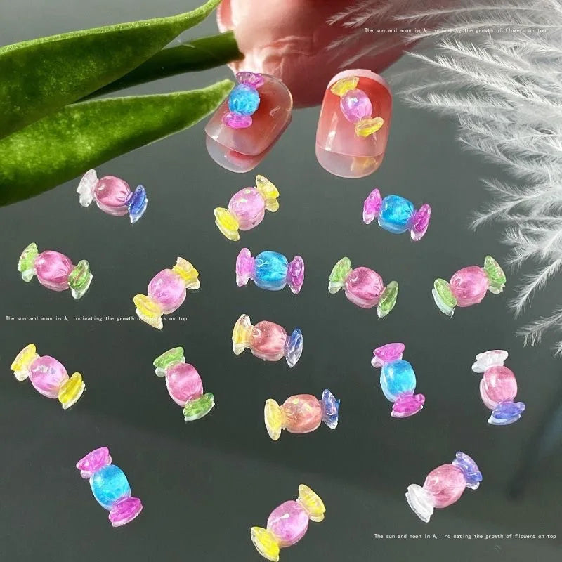 Food Play Candy Nail Art Charms Iridescent Gradient Gold Foil Rainbow Candy Resin Nail Rhinestone Decoration DIY Nails Accessory