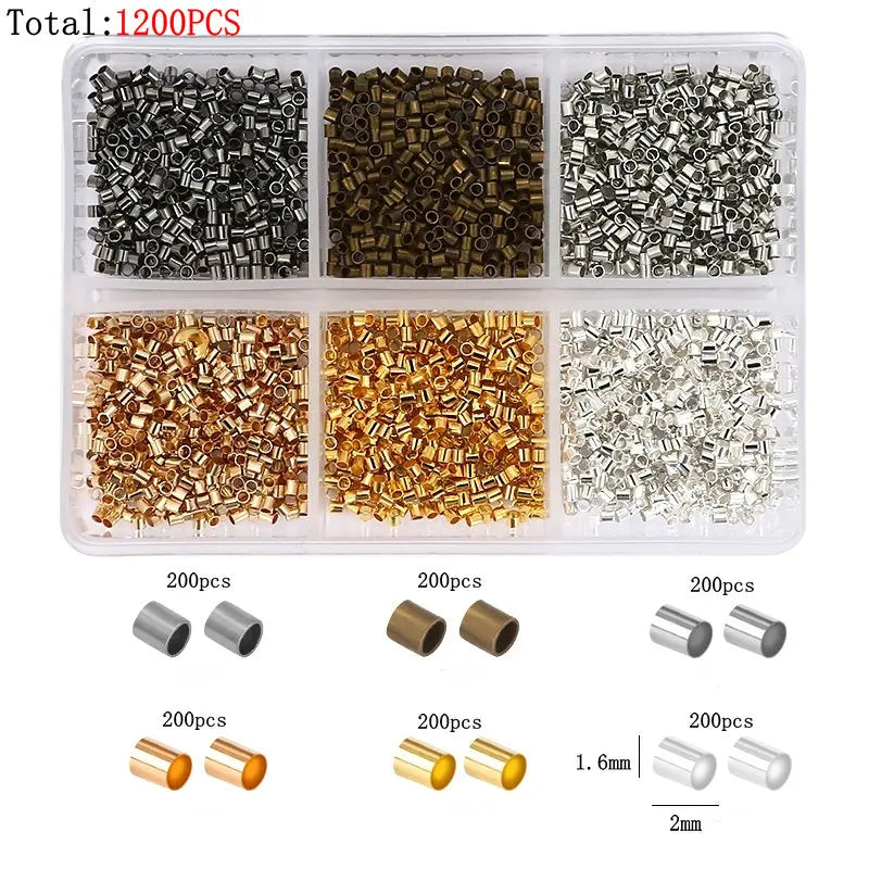 600pcs/Box 6 Styles Brass Tube Crimp Beads Tips Knot Covers Wire Guardians Protectors End Bead for DIY Jewelry Making Supplies