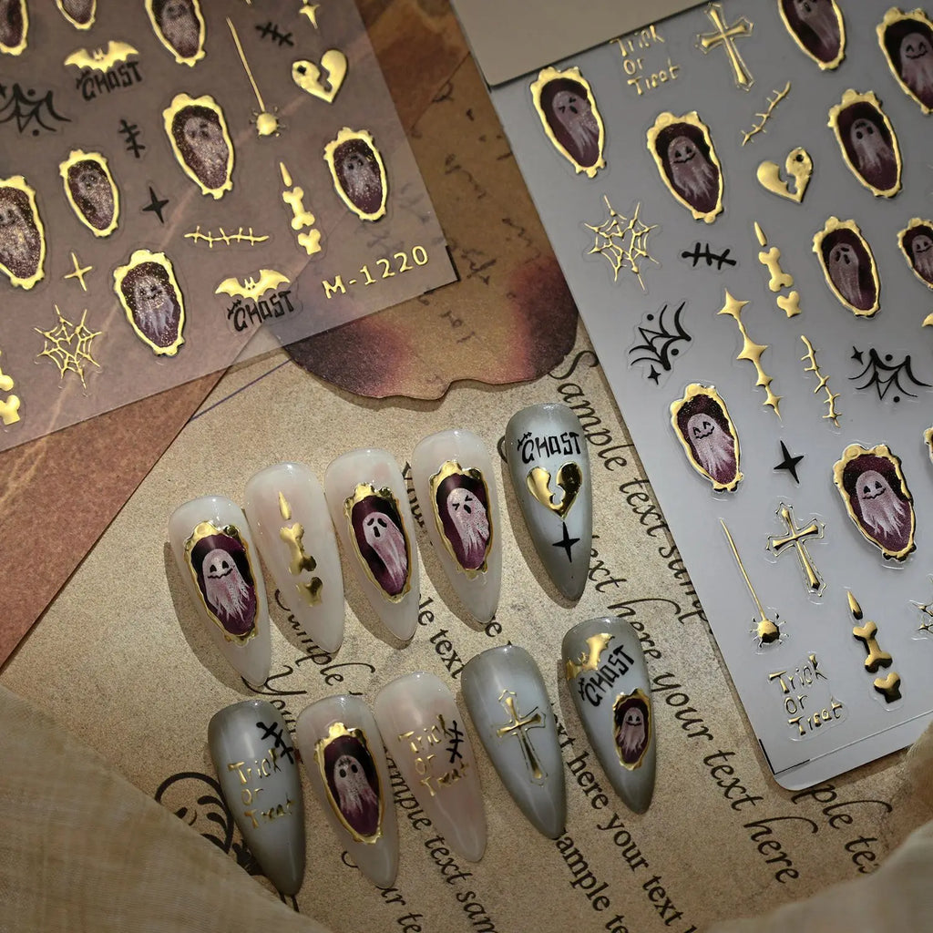 Halloween Nails Sticker Decoration 5D Retro Gilding Bat Cross Ghost Self Adhesive Nail Art Stickers DIY 3D Chic Manicure Decals