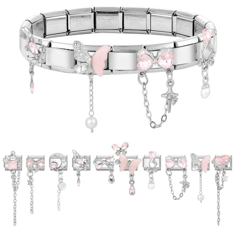 Y2K Elegant Original Design Butterfly Stars Pendant Italian Charm Links Fit 9mm Stainless Steel Bracelet Women DIY Making Gifts
