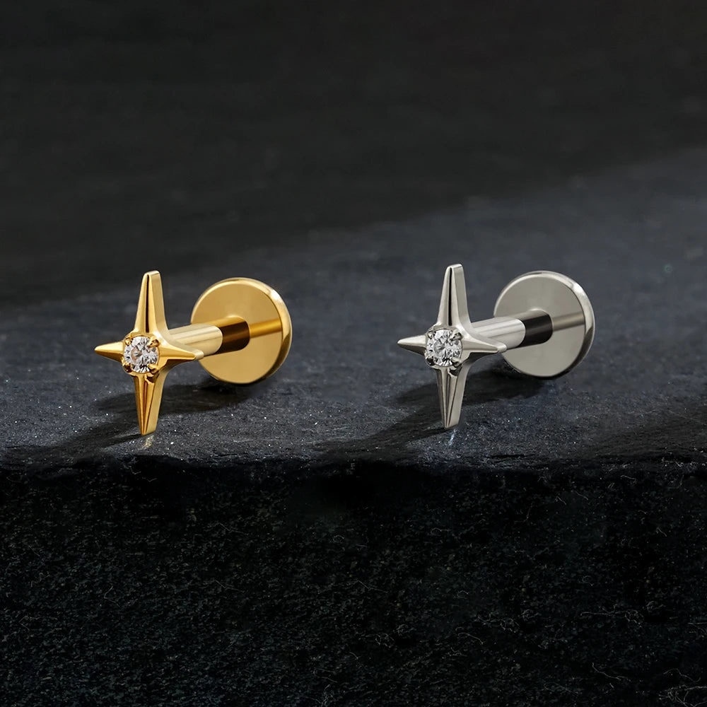 Right Grand ASTM F136 Titanium Four Point Star Flat Back Stud 16G Tiny CZ Cartilage Earring Helix Tragus Nose Piercing Jewelry