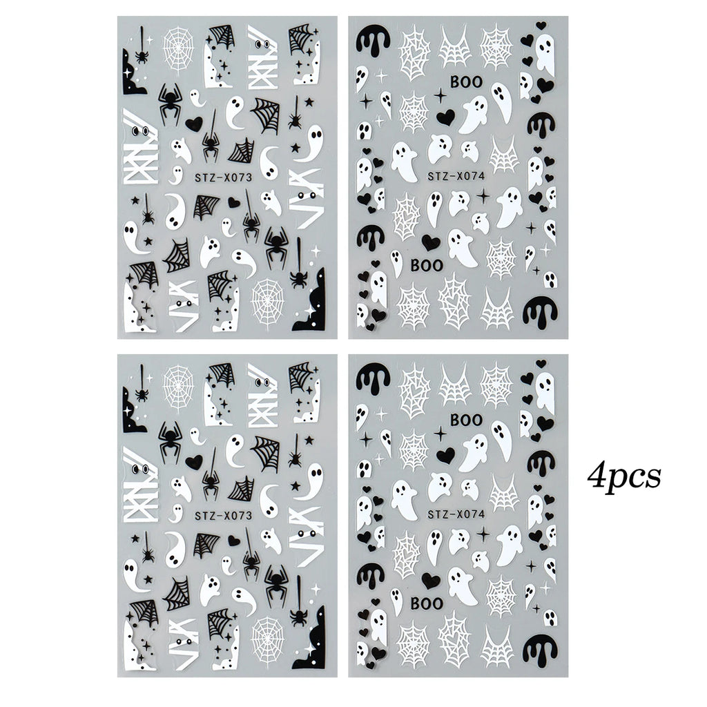 4pcs Black White Ghosts Halloween Nail Decals Cute Gothic Style Cartoon Ghosts Spider Webs Nail Decals DIY Manicure Decorations