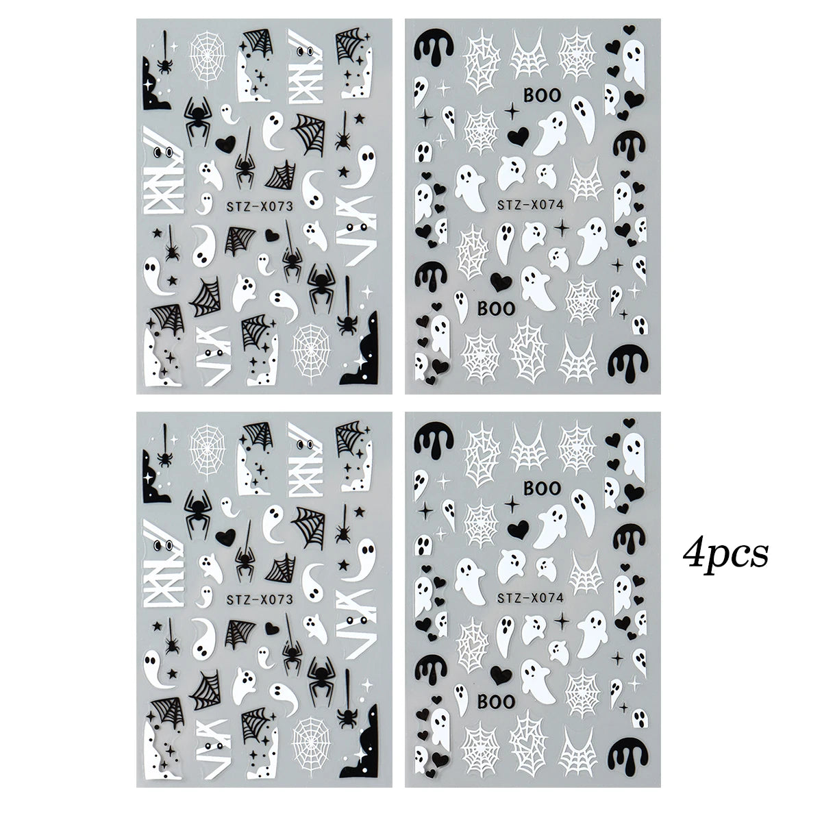 4pcs Black White Ghosts Halloween Nail Decals Cute Gothic Style Cartoon Ghosts Spider Webs Nail Decals DIY Manicure Decorations