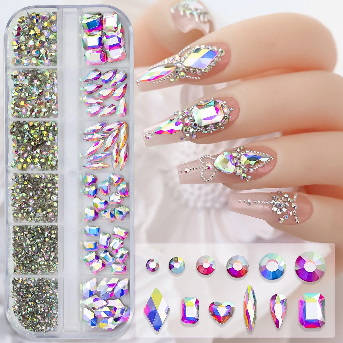 12 Grids Hot Selling Rhinestones Nail Art Charms 3D Set Multi-shapes Colorful Flatback Diamonds Nail Decoration DIY Nail Parts