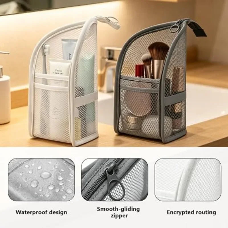NEW Standing Mesh Toiletry Bag Women Portable Cosmetic Makeup Organizer Travel Waterproof Toothbrush Storage Case Beauty Pouch