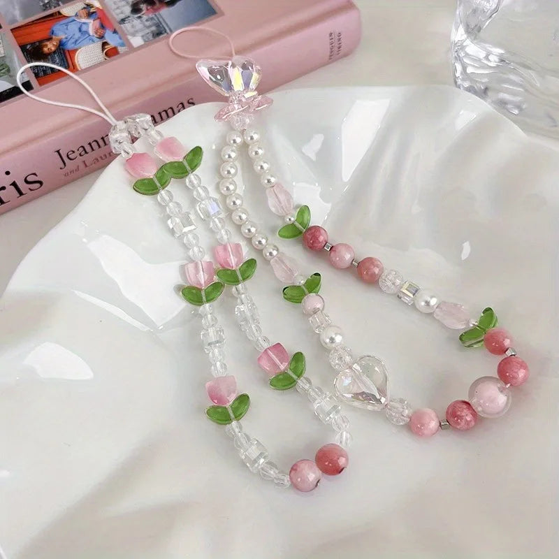 1pcs Peach Beaded Mobile Phone Charm Strap Hyu, Women Sweet Girls Jewelry, Pearl Cellphone Flower Lanyard for iPhone Keychain