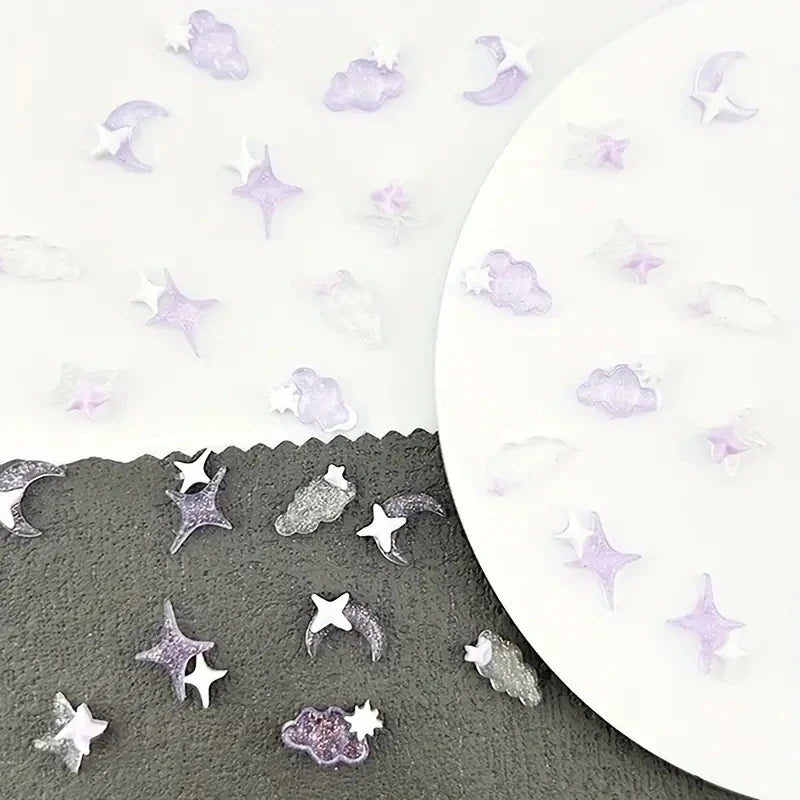 50pcs Purple Mixed 3D Moon Cloud Star Nail Charms Bulk Kawaii Lumionus Mini Ice Cloud Nail Art Decorat Accessories DIY Supplies