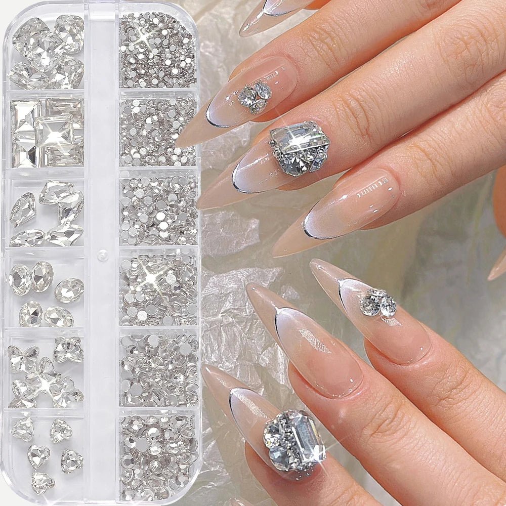 12Grids 3D Lake Blue Mixed Shape Nail Rhinestones Square/Round/Heart Glass Diamond Nail Art Charms Luxury Manicure Jewelry Gems