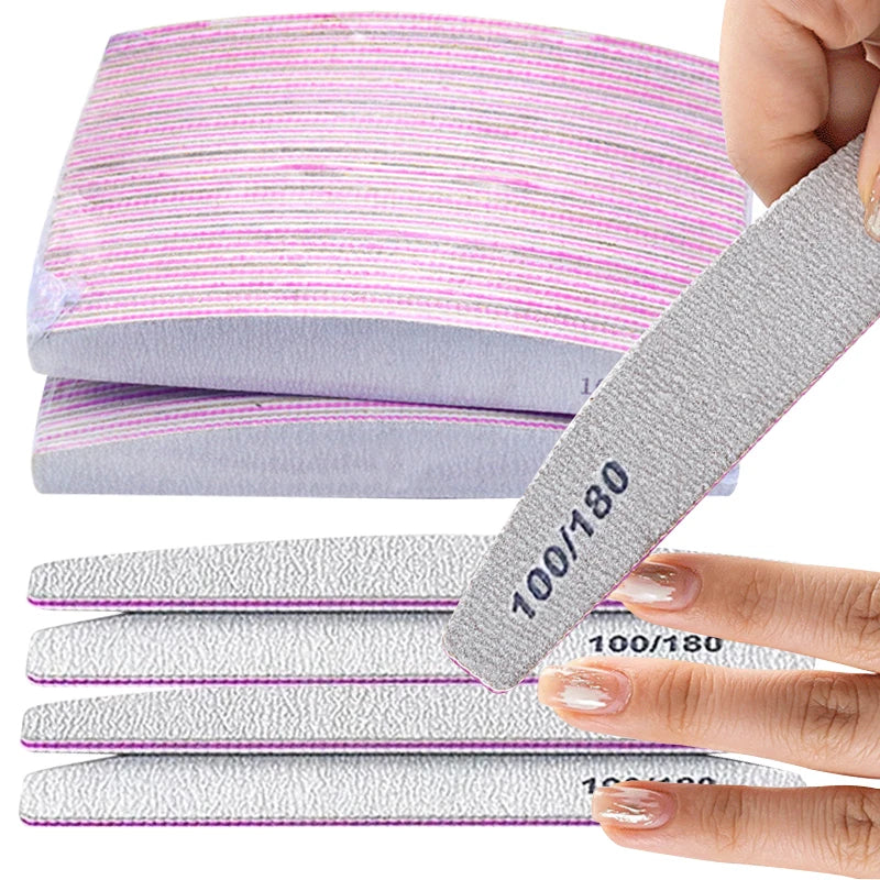 1-10Pcs Nail File Buffer 100/180 Grit Half Moon Nail Files Double Side Sandpaper Sanding Grinding Gel Nail Polish Manicure Tool