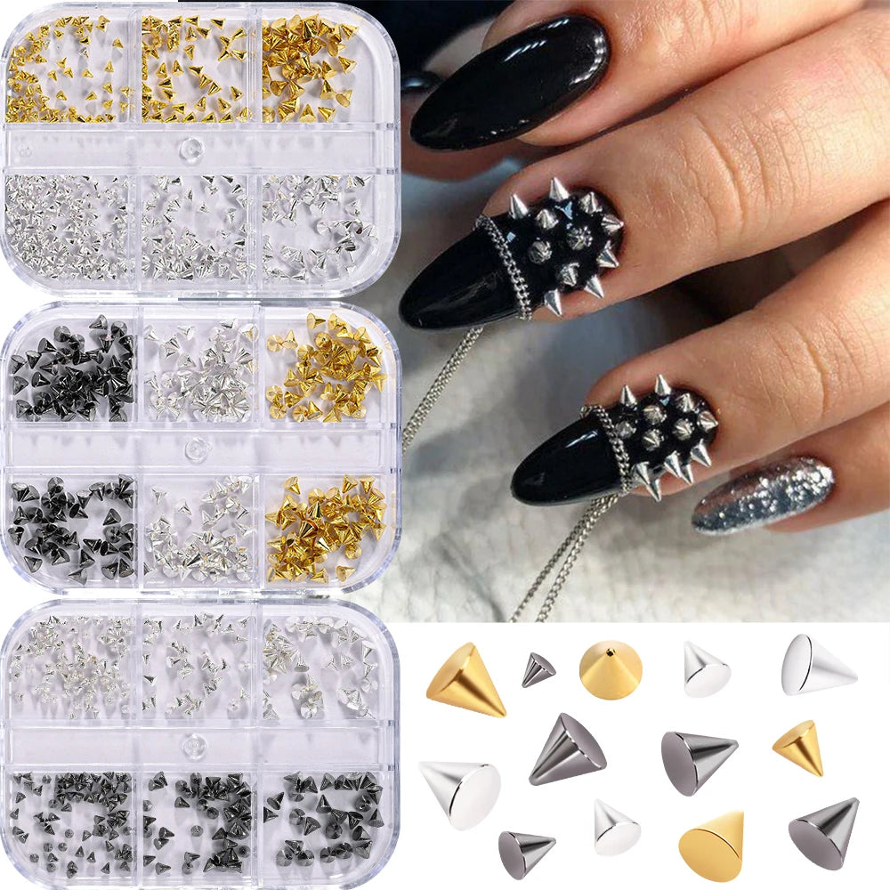6Grids Halloween Punk Rivets Nail Art Charms Gold/Silver/Black Cone Spike Studs Nails Decorations DIY Cool Manicure Accessories