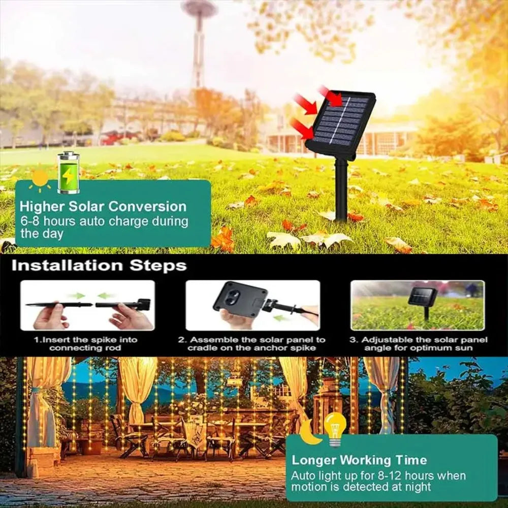 Solar Curtain Lights LED Outdoor Waterproof String Lights for Garden Yard Fence Patio Garland Decoration