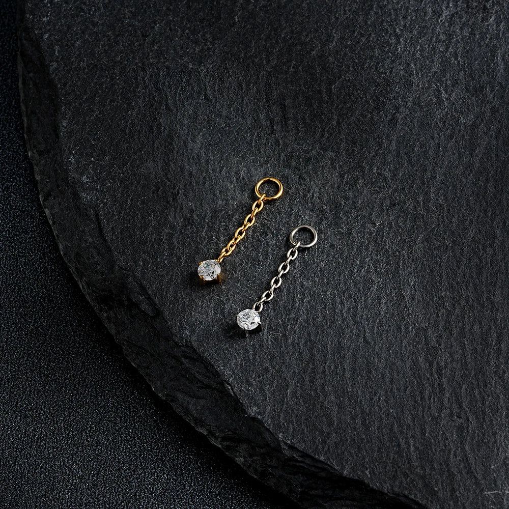 Right Grand ASTM F136 Titanium CZ Dangle Chain Cartilage Earring Charm Round CZ Pendant for Upper Lobe Clicker Piercing Jewelry
