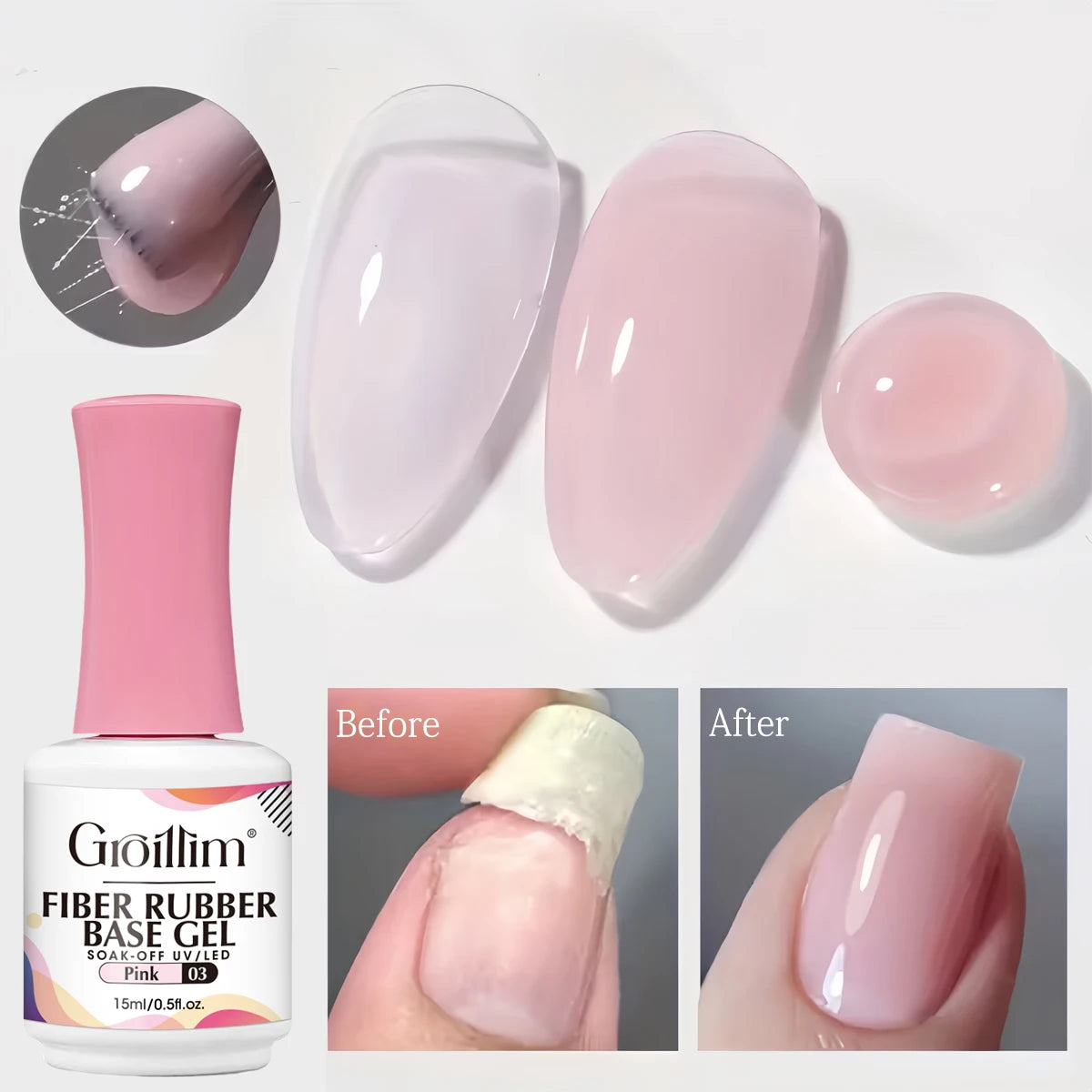 Groillim Hypoallergenic Fiber Base Gel - Fast-Curing Nail Gel, Formaldehyde-Free, Transparent Activator, Removable, Suitable for