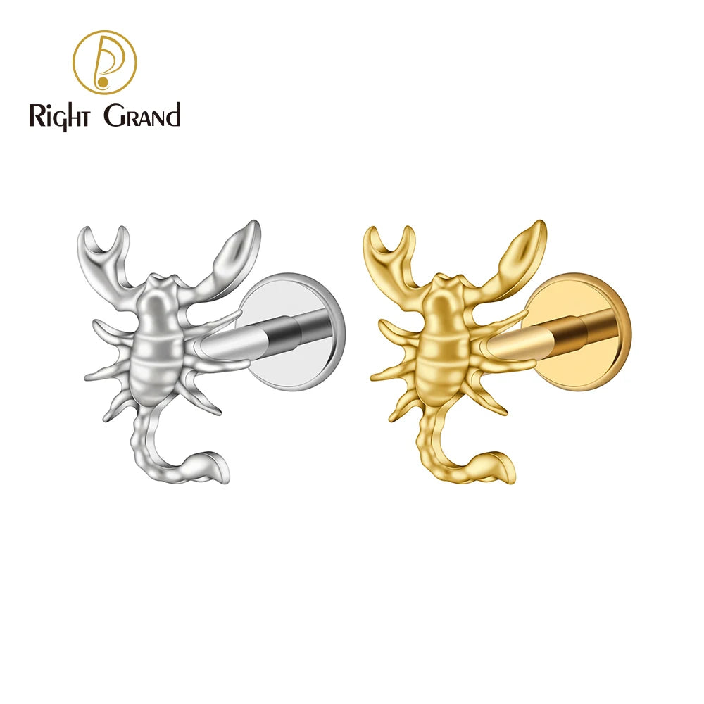 Right Grand ASTM F136 Titanium 16G Scorpion Labret Stud Flatback Zodiac Earring Tragus Cartilage Helix Piercing Body Jewelry