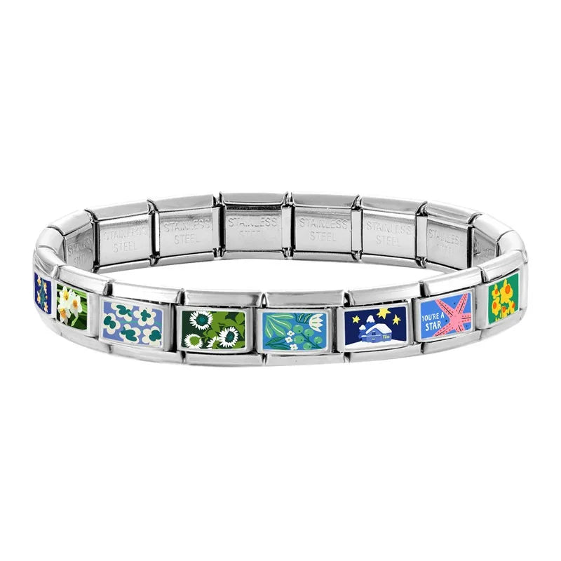 2026 New Women's Gift Beautiful Flowers Green Leaf Italian Charms Link Bead Fit 9mm Stainless Steel Modular Bracelet Jewelry DIY