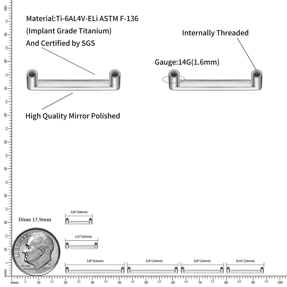 Right Grand ASTM F136 Titanium 14G Internally Threaded Surface Bar Base for Dermal Anchor Hide In Skin Piercing Jewelry
