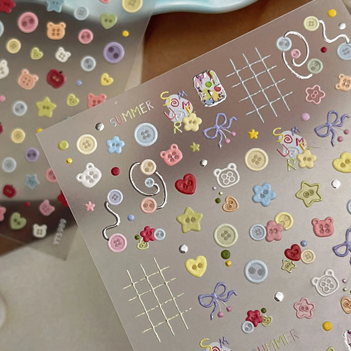 SUMMER Cute 5D Nail Art Sticker Color Button Bear Head Heart Star Bow Plaid Line Childlike Style Self Adhesive Decals Sweet DIY