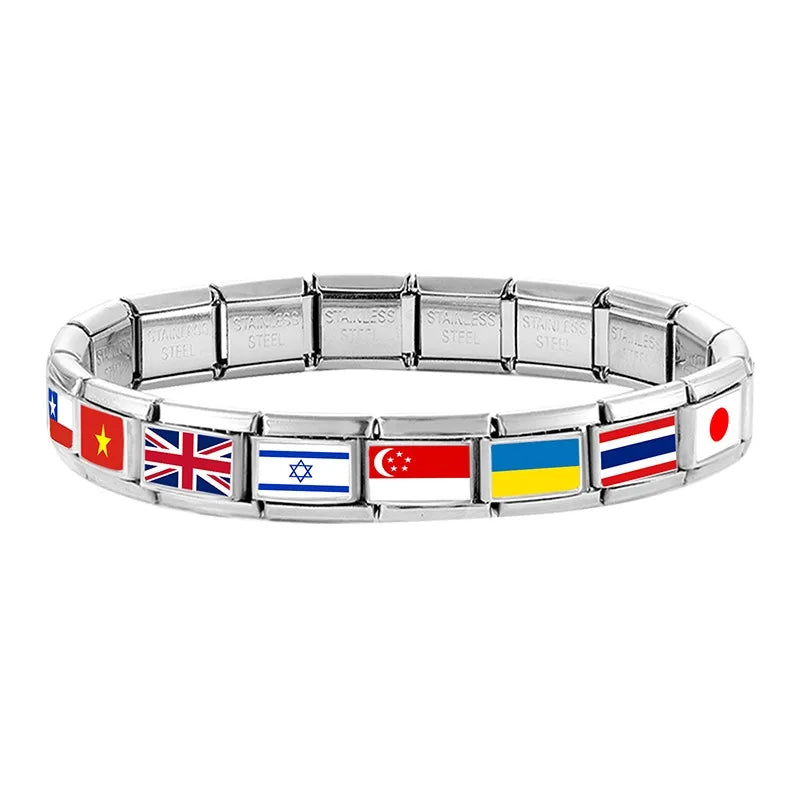 2025New Colorful World National Flag Photo Italian Charm Link Fit 9mm Women Men Bracelet Stainless Steel Jewelry Making Bead DIY