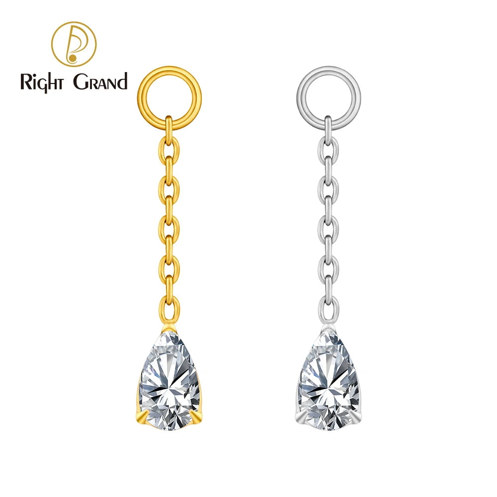 Right Grand ASTM F136 Titanium Waterdrop CZ Dangle Chain Earring Charm Pendant for Upper Lobe Clicker Piercing Jewelry