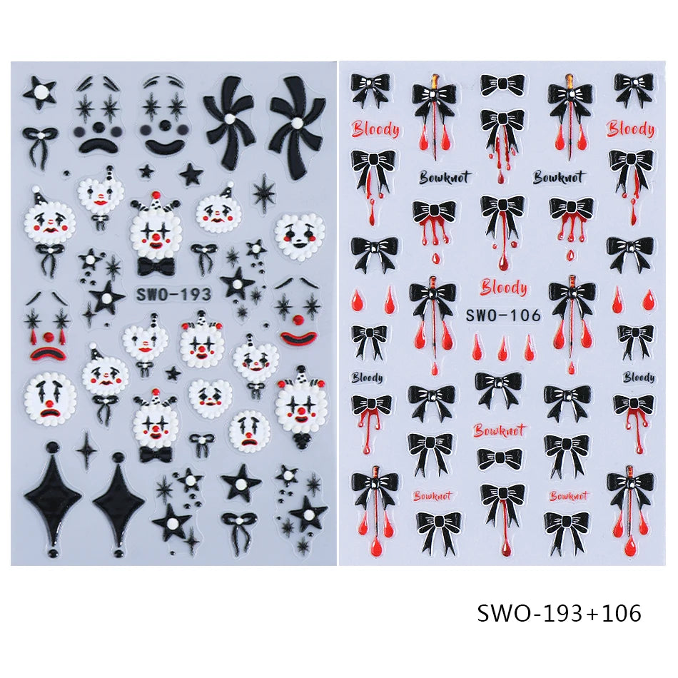 2pcs Halloween Nail Stickers Wacky Expression Clown Face Bowknot Star Pattern Nail Decals DIY Manicure Decoration Nail Supplies