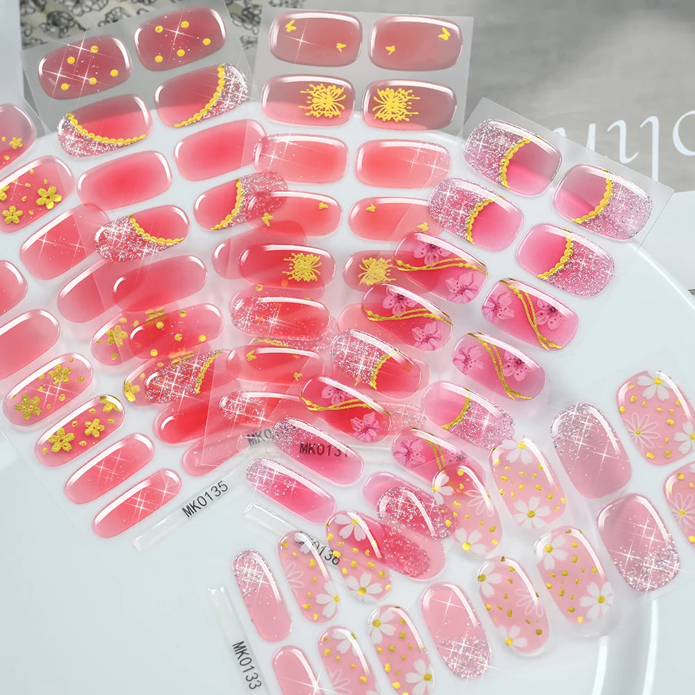 16Tips Sparkling Glitter French Gel Nail Strips 3D Flower Baking Free UV Gel Nail Wrap Decals DIY Long Lasting Full Nail Sticker