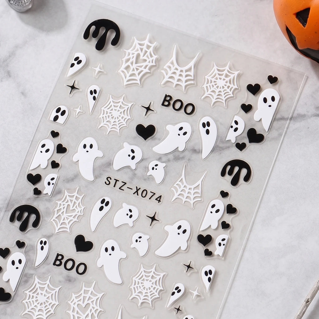 4pcs Black White Ghosts Halloween Nail Decals Cute Gothic Style Cartoon Ghosts Spider Webs Nail Decals DIY Manicure Decorations