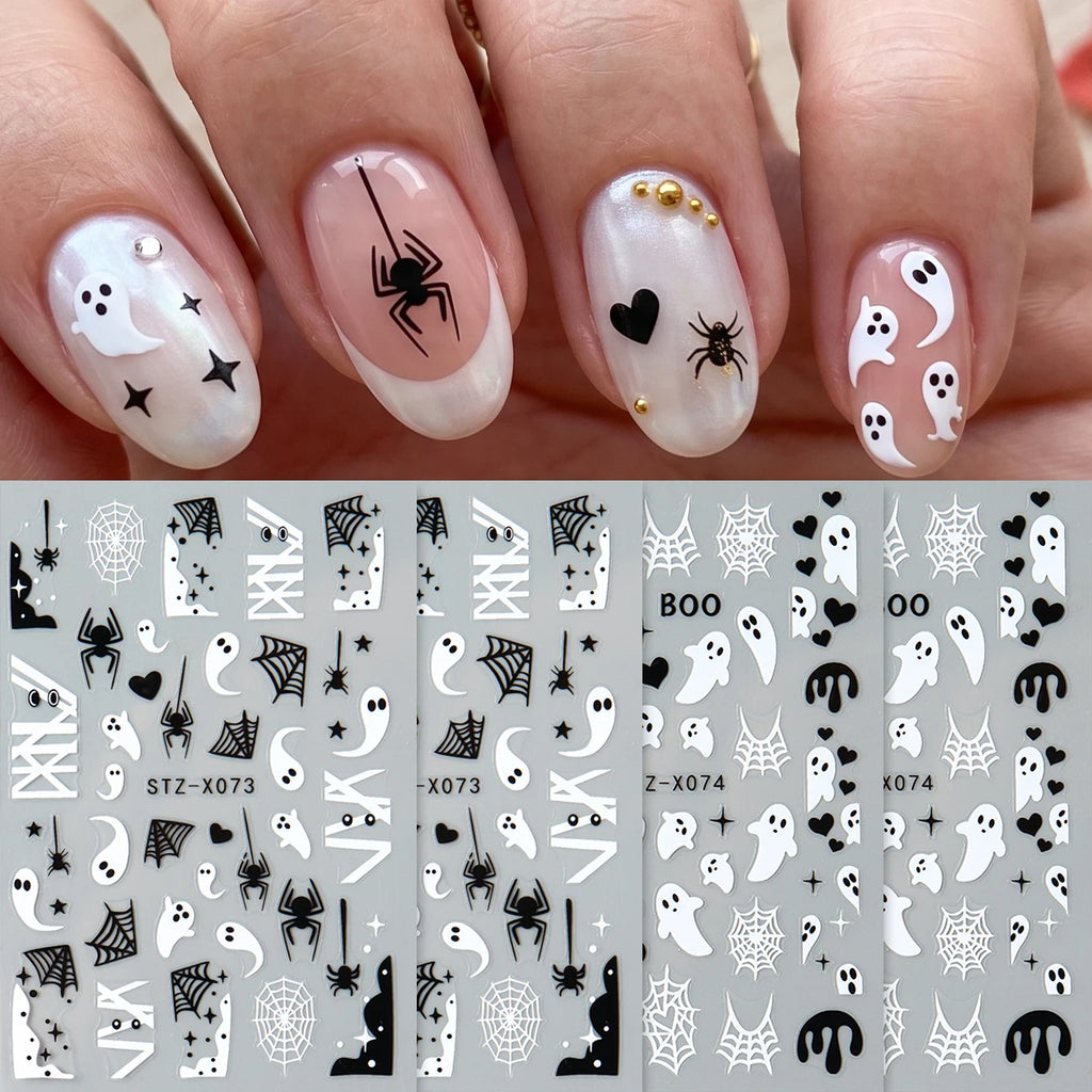 4pcs Black White Ghosts Halloween Nail Decals Cute Gothic Style Cartoon Ghosts Spider Webs Nail Decals DIY Manicure Decorations