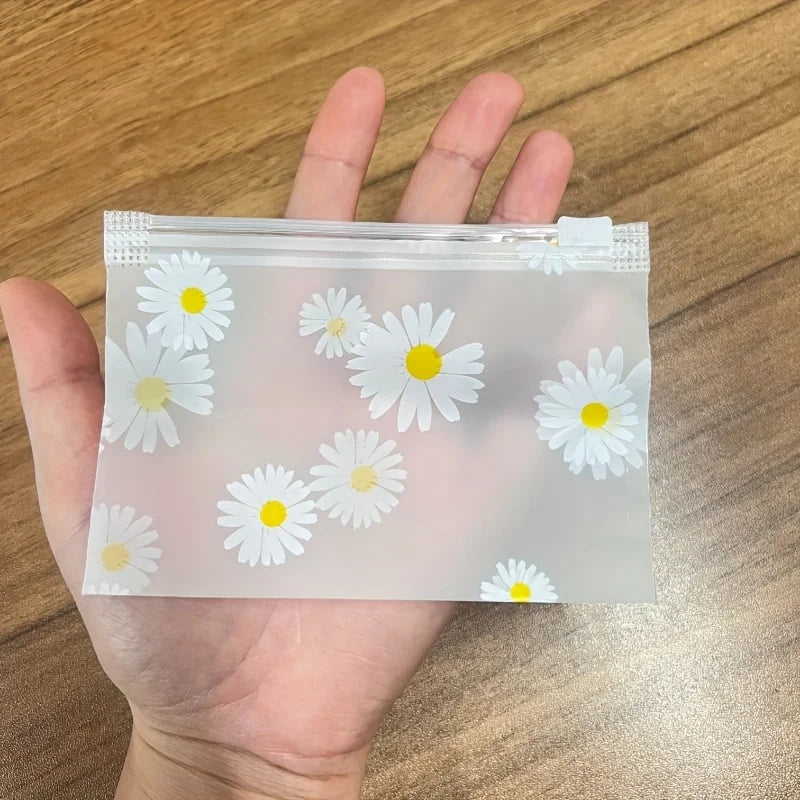 30Pcs Daisy Print Frosted Zipper Bags Transparent Plastic Storage Pouch Reusable Seal Bag For Jewelry Cosmetic Stationery Travel