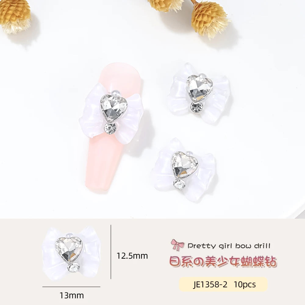 10pcs Resin Bowknots Glass Heart Diamonds Nail Charms Shiny Cute Bowknots Japanese Nail Jewelry Women Nail Art Decor Accessories