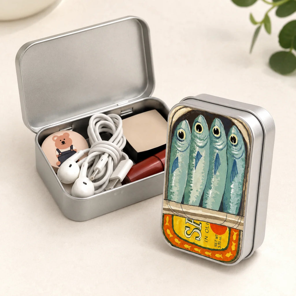 Cute Retro Fish Cat Mini Metal Tin Box, Portable Storage Case for Earbuds Jewelry Pills Coins Travel Desk Gift