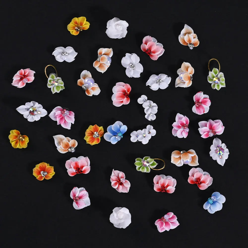 5/30Pcs Mixed 3D Handmade Acrylic  Flowers Nail Charms With Glitter Mini Pearl/Diamond Carving Flower DIY Nail Sculpture Flowers