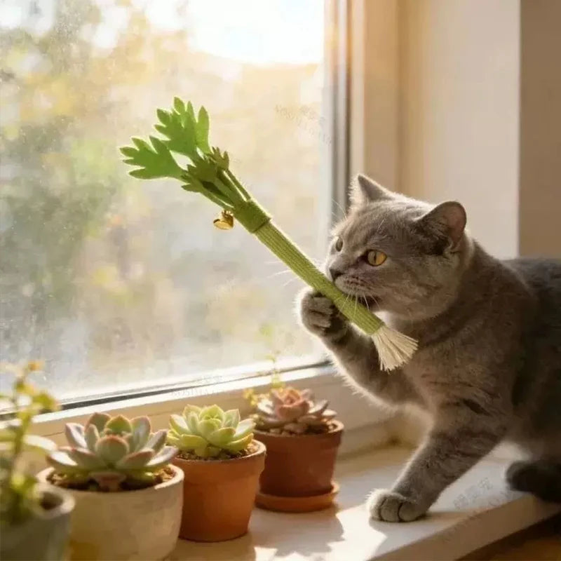 Simulation Celery Cat Chew Toys with Sound Bell, Cat Teeth Cleaning Toy Interactive Self Playing Catnip Molar Stick Pet Supplies