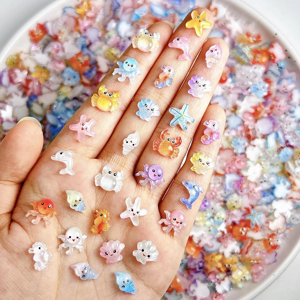 50pcs Mix Summer Beach Nail Rhinestones Ocean Theme Shell Starfish Manicure Charms Pink Ocean Gems Flat Back Nail Supplies