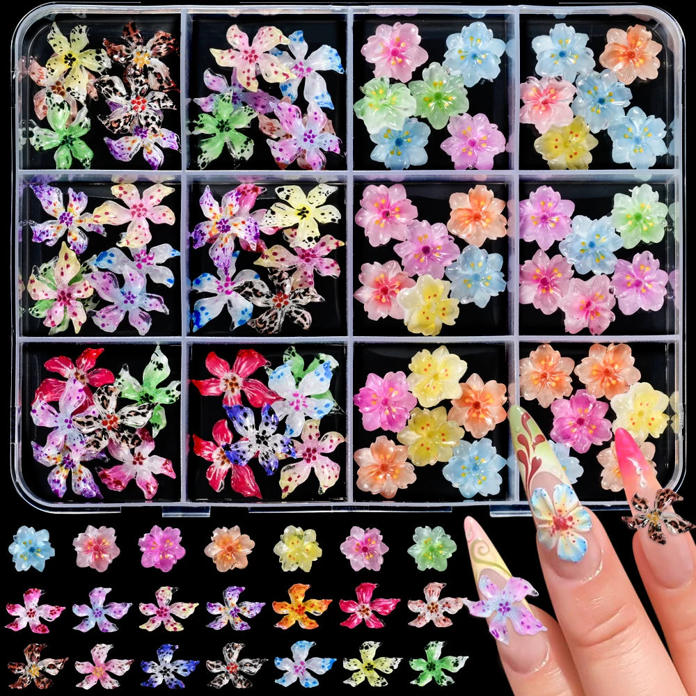 12 Grids 3D Soft Acrylic Lily & Sakura Nail Art Charms Leopard Gradient Spring Blossom Decorations Colorful Manicure Accessories