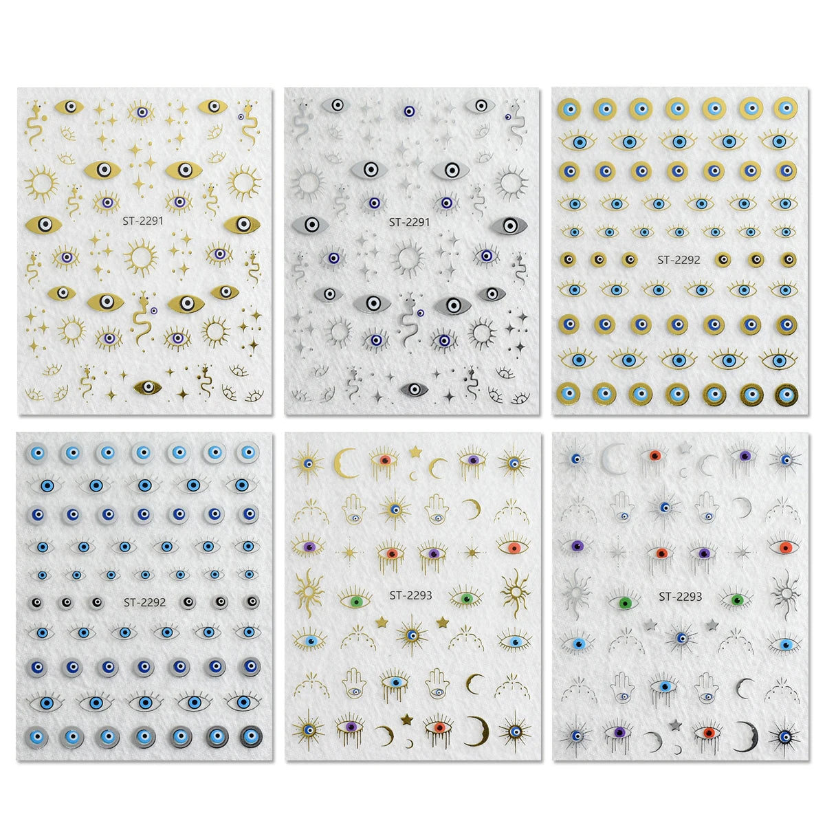 3/6/12 Sheets Gold Silver Evil Eye Nail Art Stickers Moon Star Sun Protection Nail Decals for Women DIY Boho Nail Design