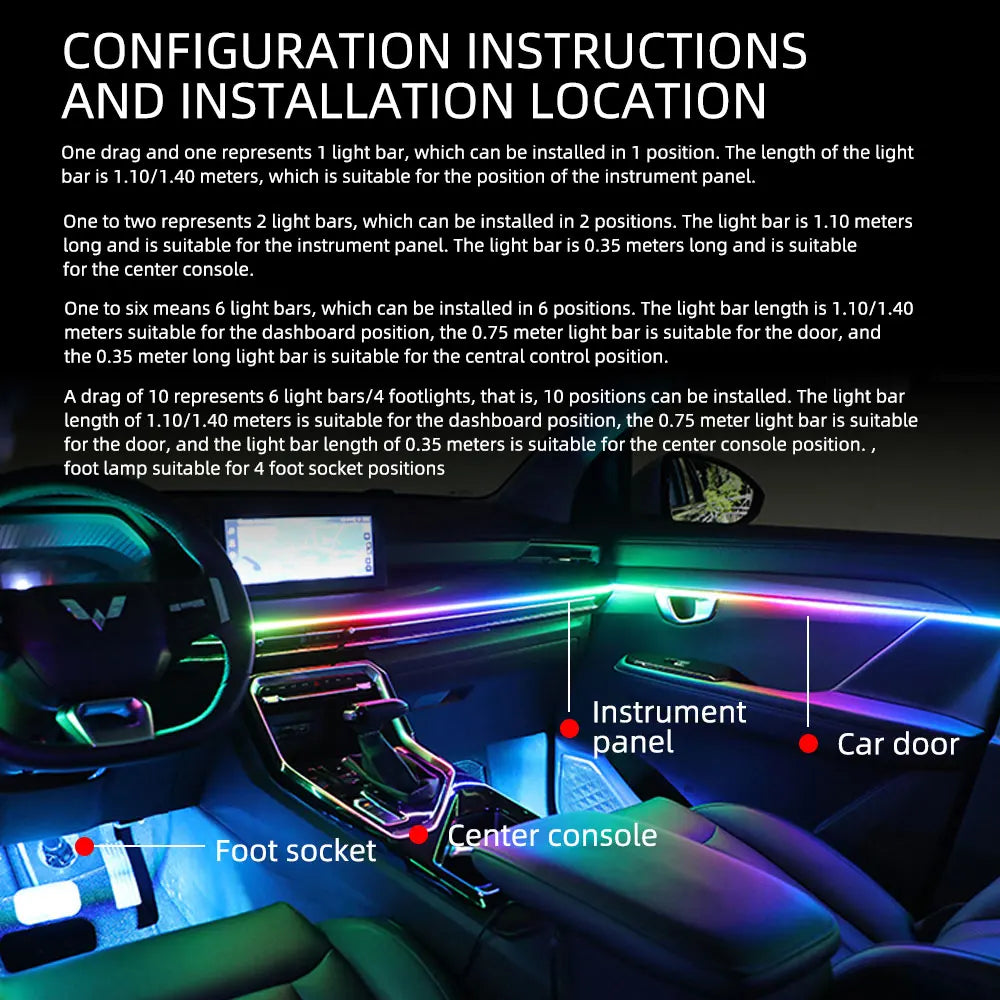 4in1 Led Car Ambient Lights RGB 213 Color Acrylic Strips Symphony Streamer Interior Rainbow Atmosphere Lamp Kit Dashboard Light